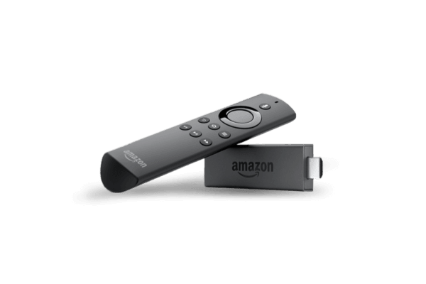 An Amazon Fire TV streaming strick alongside its remote control.