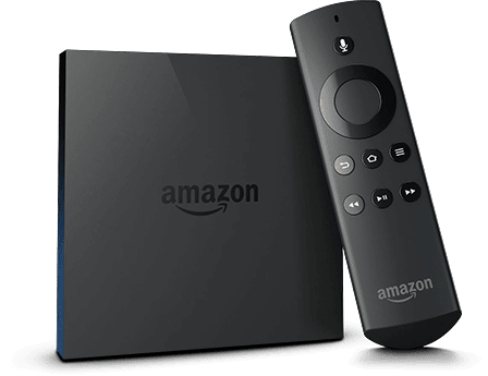 An Amazon Fire TV streaming device alongside its remote control.