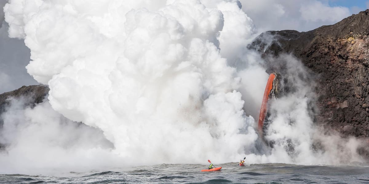 Kayakers Dane Jackson and Rafa Ortiz at Lava Waterfall