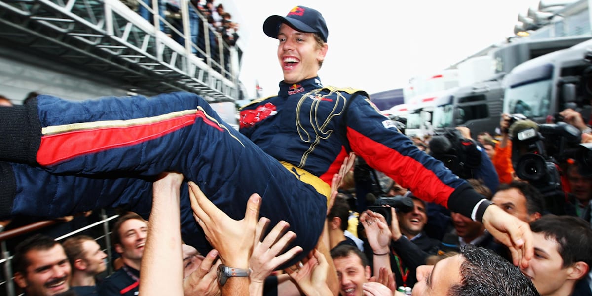 Sebastian Vettel celebrating his 2008 Monza victory