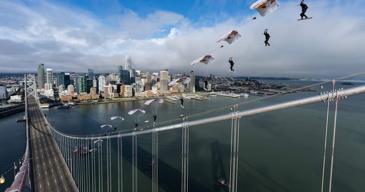 Sean MacCormac skysurfs the San Francisco Bay Bridge