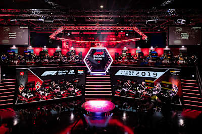The venue for 2019's F1 Esports Grand Final shows competitors in action, Gfinity Arena, London, UK, December 4, 2019.