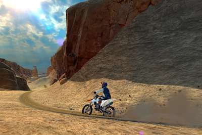 Screenshot of a bike racing across desert in Dirt Bike Unchained
