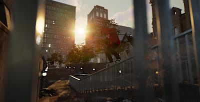 Captura de pantalla de un skateboarder en una barandilla en Session: Skate Sim.