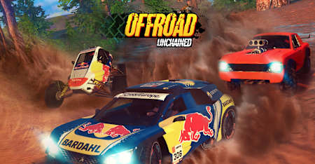 Artwork from Offroad Unchained for iOS and Android shows various dirt rally cars racing on mud