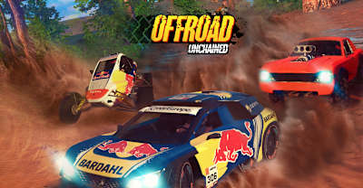 Artwork from Offroad Unchained for iOS and Android shows various dirt rally cars racing on mud