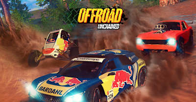 Artwork from Offroad Unchained for iOS and Android shows various dirt rally cars racing on mud