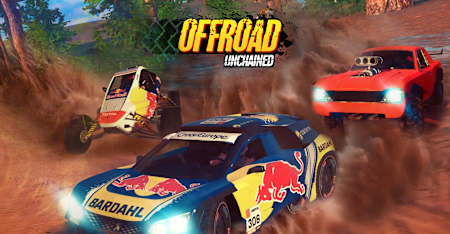 Artwork from Offroad Unchained for iOS and Android shows various dirt rally cars racing on mud