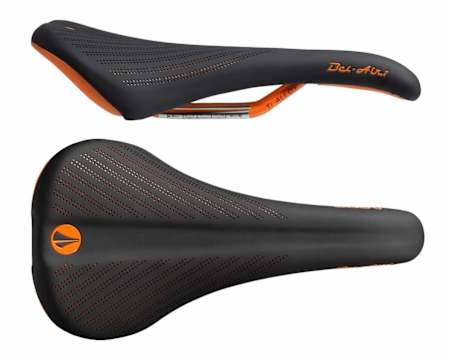 The orange version of the SDG Bel-Air 2.0 saddle for MTBs.