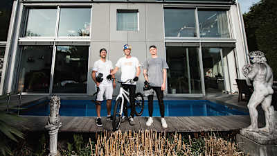 Fabio Wibmer and Hannes Berger and Marius Prell pose for a photo during filming of the video Home Office.