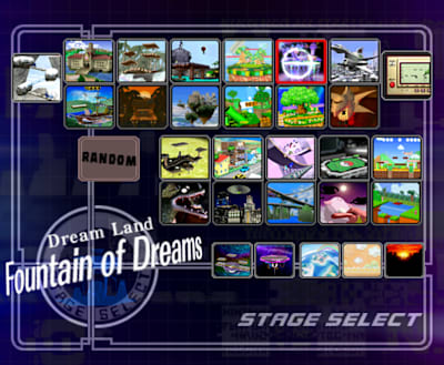 The well-known stage select screen from Super Smash Bros. Melee.