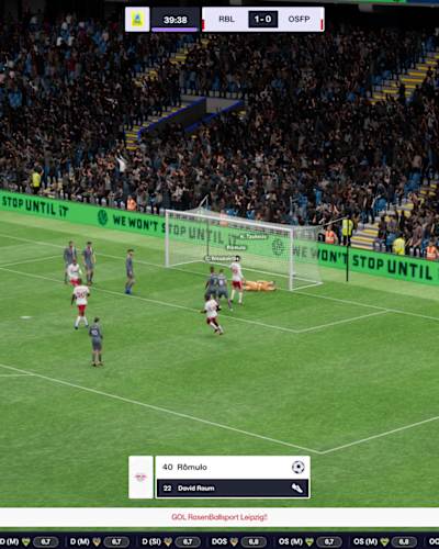 Les joueurs du RB Leipzig en action dans Football Manager 26.