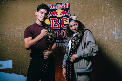 Ami and Lil Zoo posing with their belts at the Red Bull BC One World Finals.