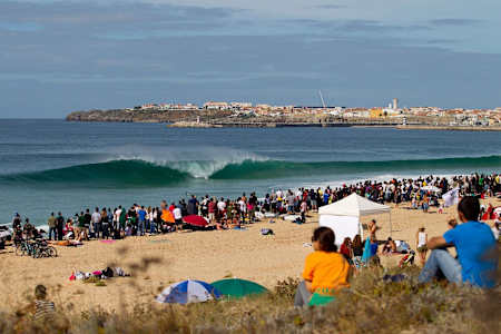 A surfing contest at Supertubos in Peniche, Portugal.