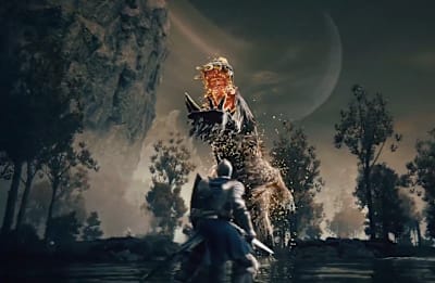 An image showing an action sequence from the role-playing game Elden Ring.