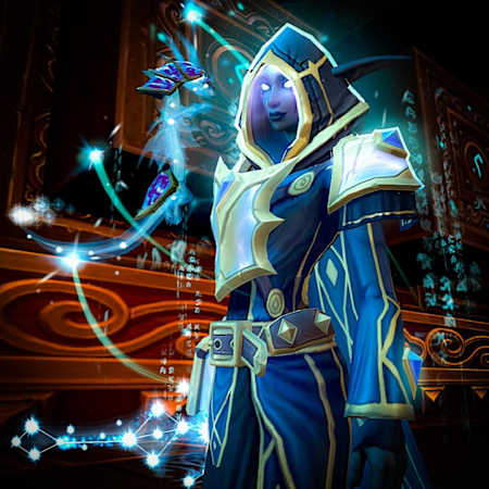 Eine Nachtelfe in einer schicken Robe, umhüllt von Licht und Sternenkonstellationen.