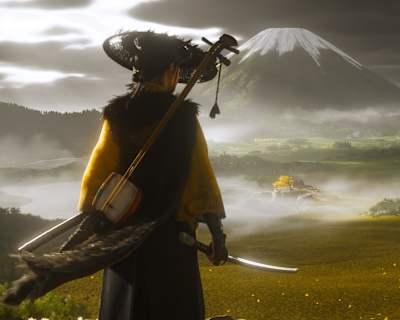 Screenshot from Ghost of Yotei shows the character in front of the eponymous mountain Yokei in Hokkaido.