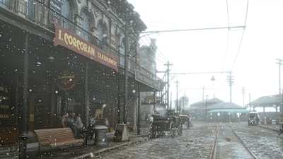 Una captura de pantalla de Red Dead Redemption 2 muestra una ciudad donde nieva.