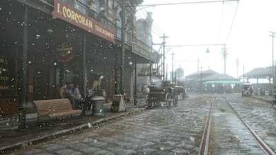 Screenshot aus Red Dead Redemption 2 zeigt eine Stadt in der es schneit