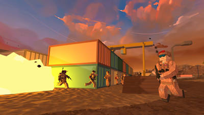 Captura de pantalla de BattleBit Remastered que muestra a varios personajes del juego al atardecer en un nivel desértico.