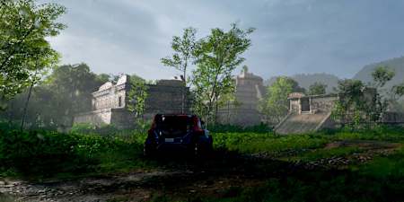 Una captura de pantalla de Forza Horizon 5 muestra un vehículo todoterreno en unas ruinas mayas.
