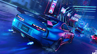 Screenshot aus The Crew: Motorfest zeigt ein Rennen bei Nacht mit getunten Autos.