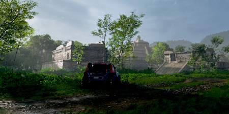 Screenshot aus Forza Horizon 5 zeigt ein Offroad-Fahrzeug in einer Maya-Ruine