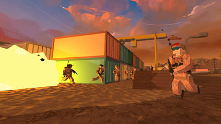Screenshot from BattleBit Remastered shows several game characters at sunset in a desert level.