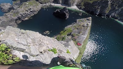 Step 1: Paddle out to the rock. Step 2: Start climbing. Step 3: Look down.