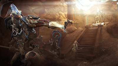 Warframe players explore an ancient temple.