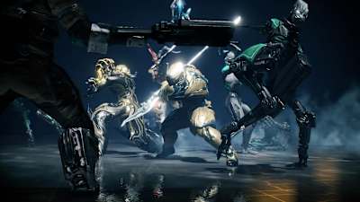 Characters from Warframe prepare to do battle.