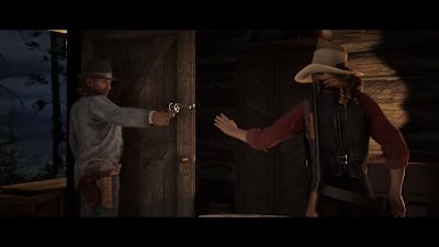 Screenshot of Red Dead Redemption 2 showing a character threatening to shoot another