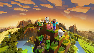 Minecraft avatars on top off a hill with animals and monsters below.