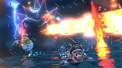 Captura de pantalla de Super Mario 3D World + Bowser's Fury muestra a Mario huyendo de Bowser.