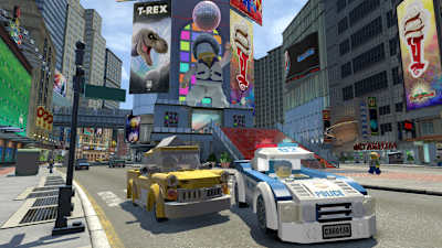 Screenshot aus Lego City Undercover zeigt ein Polizeiauto und ein Taxi vor einer Rampe in der Innenstadt. 