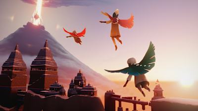 Screenshot aus Sky: Children of the Light zeigt mehrere Spieler:innen, die über einen alten Tempel fliegen.
