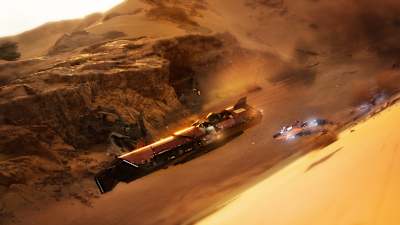 Screenshot from STAR WARS: Galactic Racer shows a race on Tattoine.