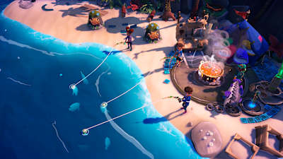 Captura de pantalla de Survival Kids para Nintendo Switch 2 muestra a los personajes del juego pescando en la playa.