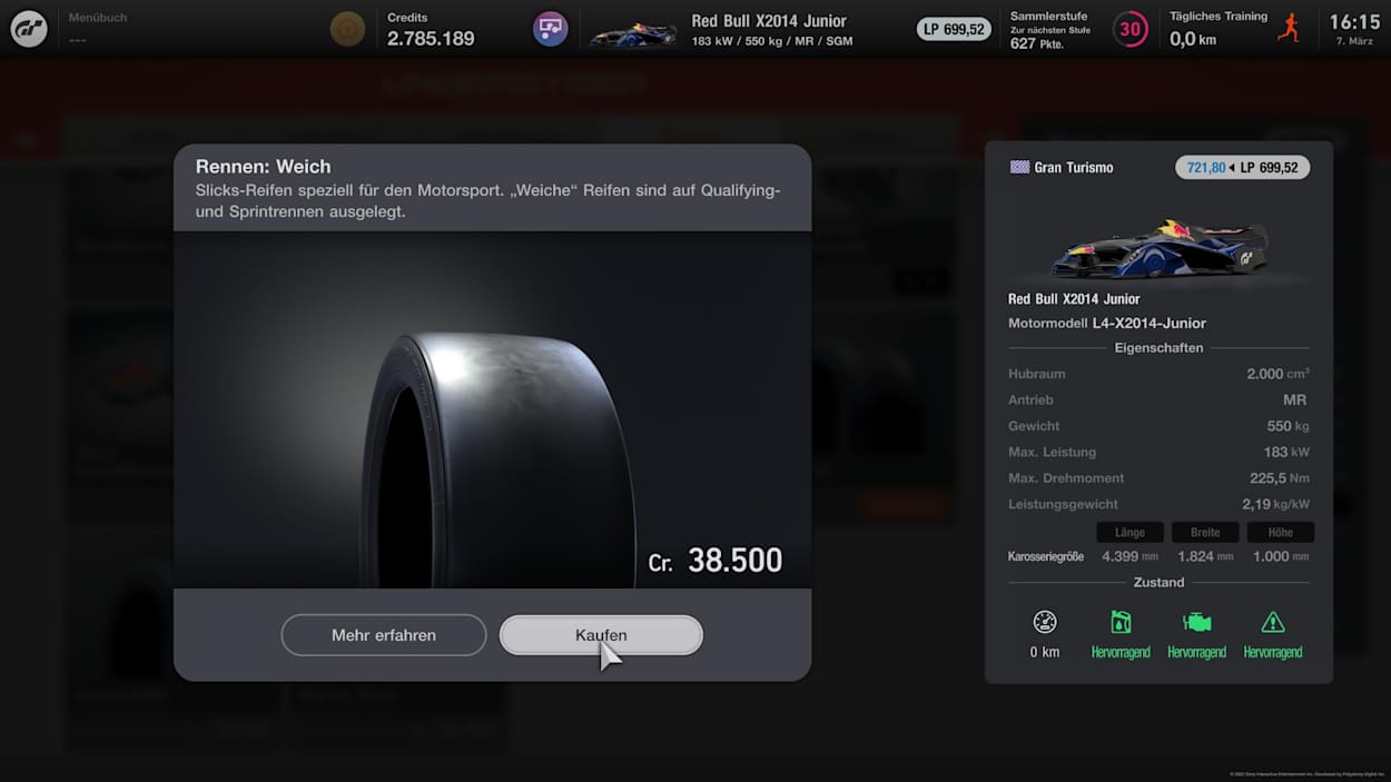 Ảnh chụp màn hình từ Gran Turismo 7 cho thấy việc mua lốp xe đua mềm trong cửa hàng độ