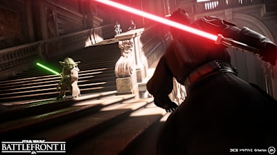 Captura de pantalla de Yoda luchando Darth Maul en Star Wars Battlefront 2