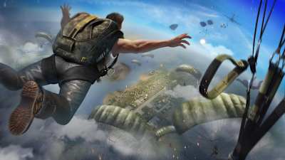 Players skydive into a game of Free Fire – Battlegrounds.