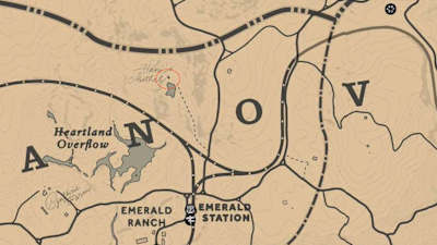 A portion of the map in Red Dead Redemption 2, highlighting the location of a shack.