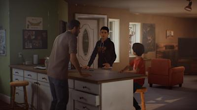 Screenshot of principle characters Sean and Daniel  Diaz with their father in the video game Life Is Strange 2