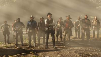 A screenshot of the Van der Linde Gang in Red Dead Redemption 2