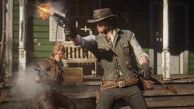 Screenshot of a shootout in Red Dead Redemption 2.