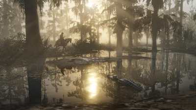 Screenshot of a swamp in Red Dead Redemption 2.
