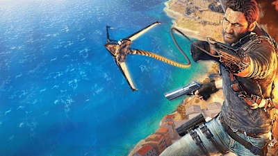 A screenshot of grappling from the video game Just Cause 3.