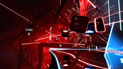 A screenshot of VR video game Beat Saber in action.