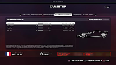 Menú de configuración de la geometría de la suspensión en F1 2019.