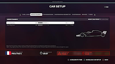 Menú de configuración para aerodinámica en F1 2019.